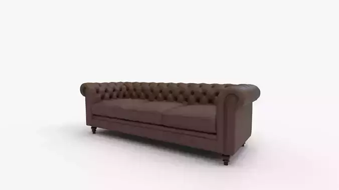 Brown Pu Rolled Arm Chesterfield Seater Sofa 3D model 7