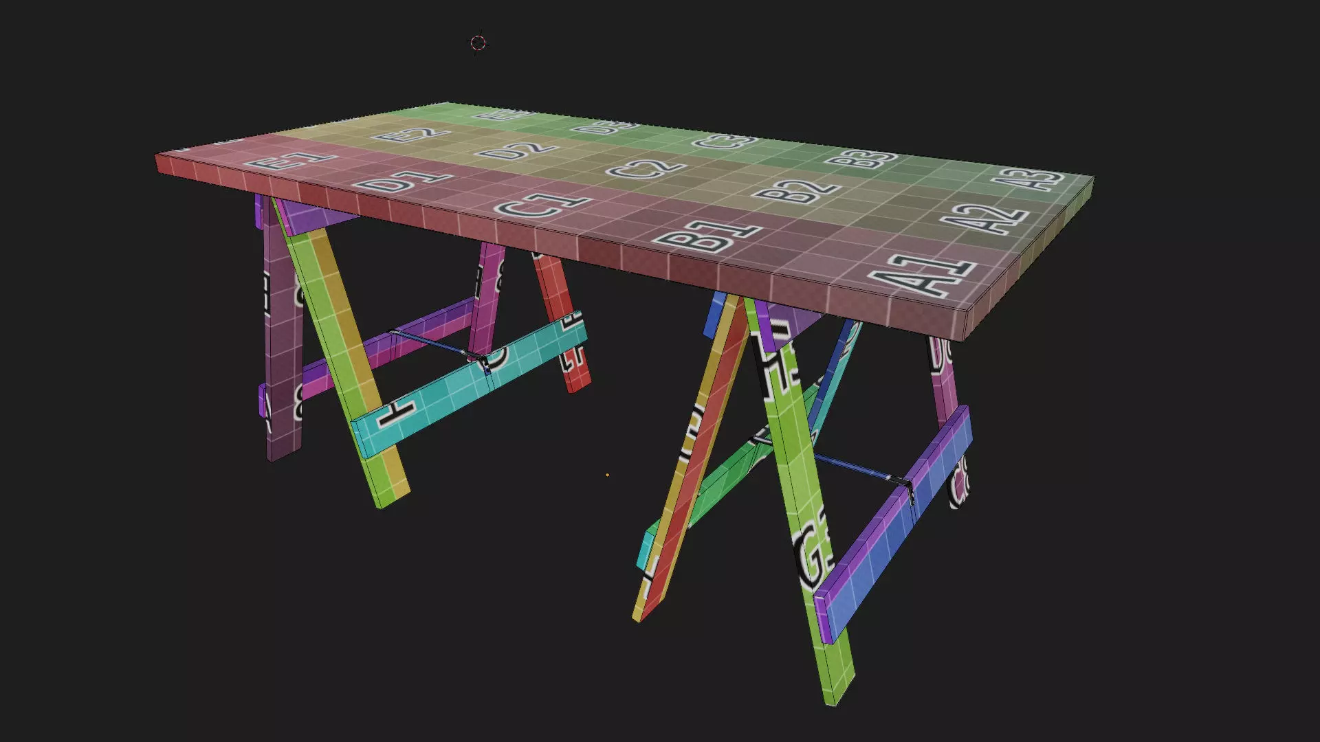 wood trestle table or desk with support legs like sawhorse Low-poly 3D model_9