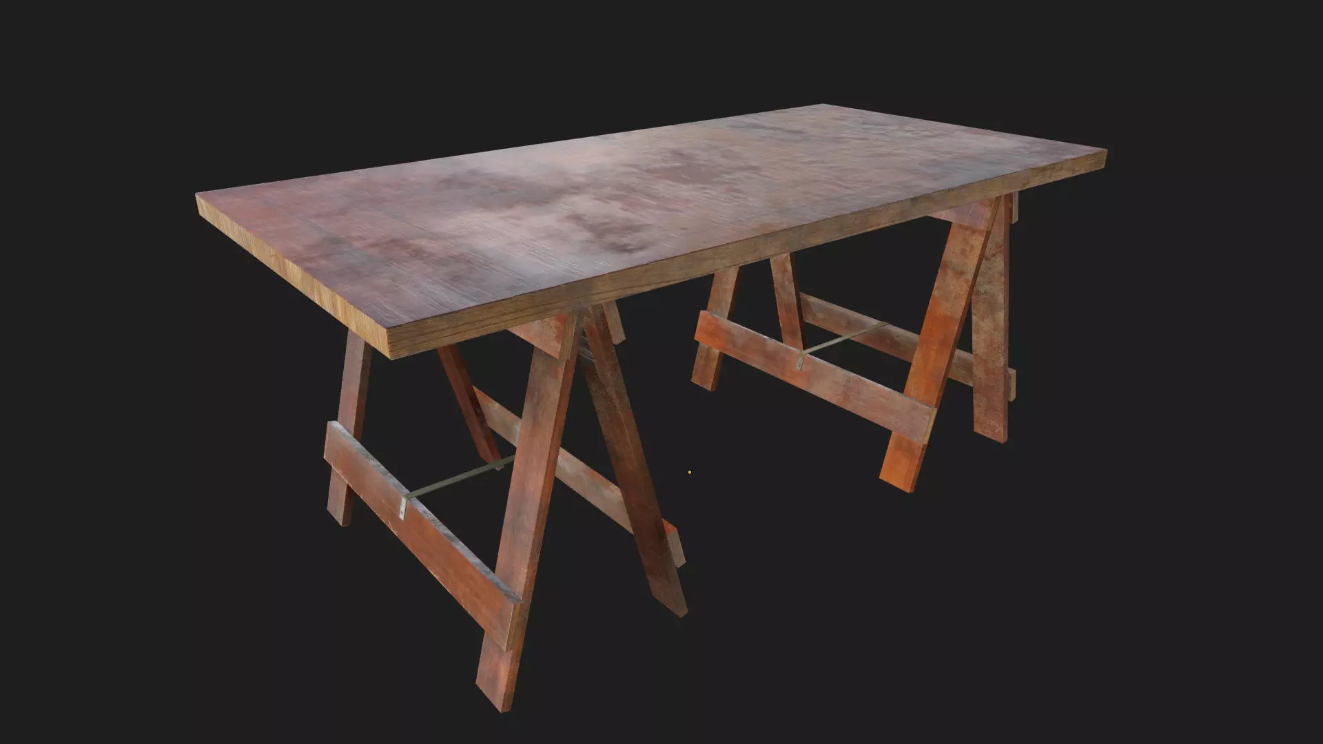wood trestle table or desk with support legs like sawhorse Low-poly 3D model_3