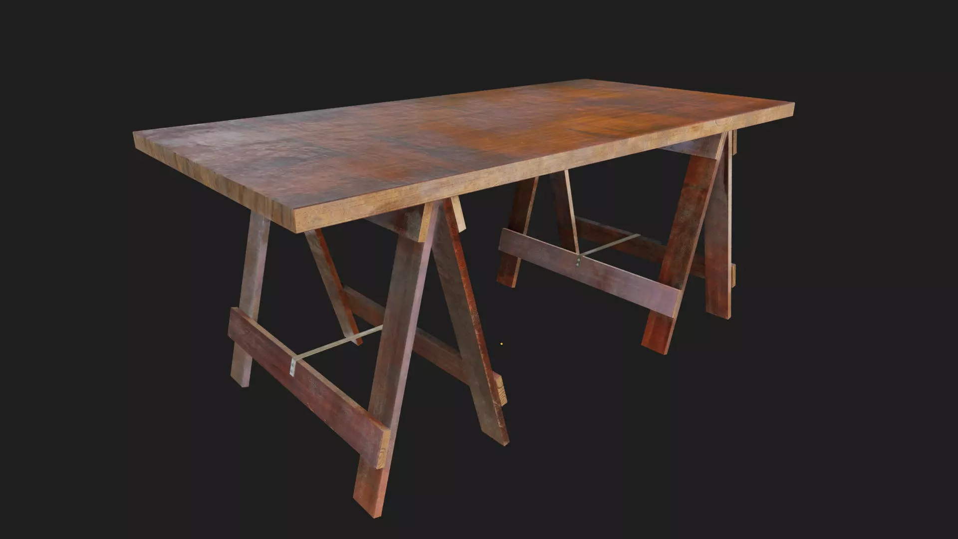 wood trestle table or desk with support legs like sawhorse Low-poly 3D model_1