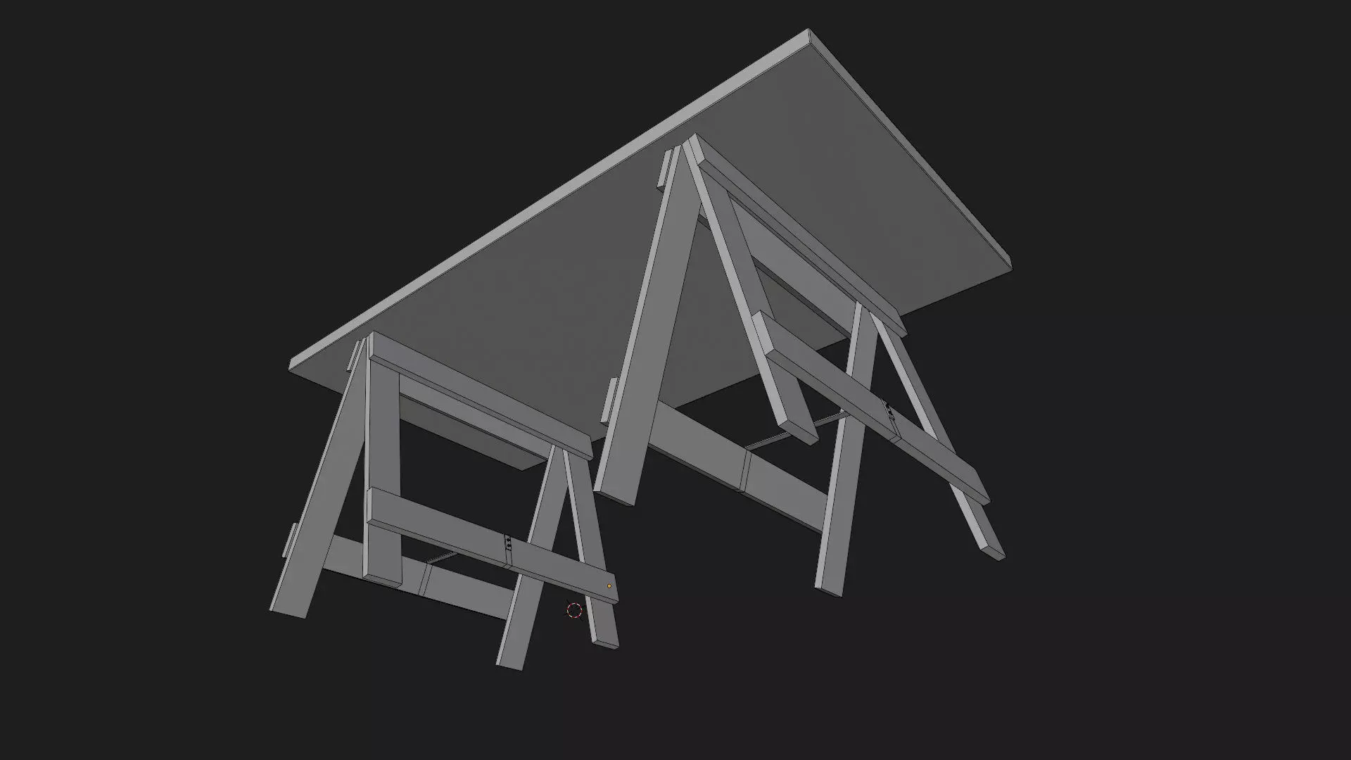 wood trestle table or desk with support legs like sawhorse Low-poly 3D model_6