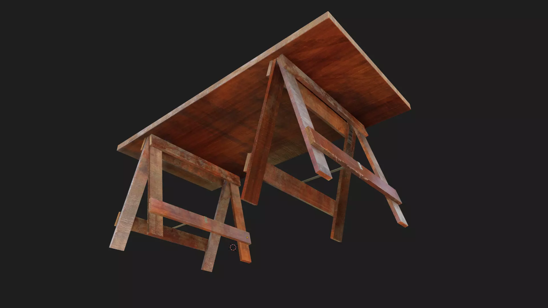 wood trestle table or desk with support legs like sawhorse Low-poly 3D model_5