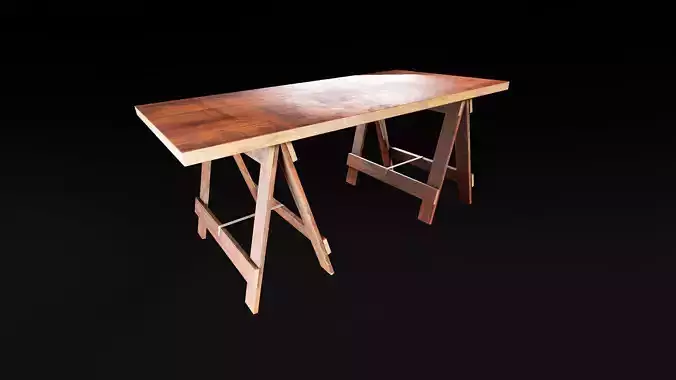 wood trestle table or desk with support legs like sawhorse Low-poly 3D model