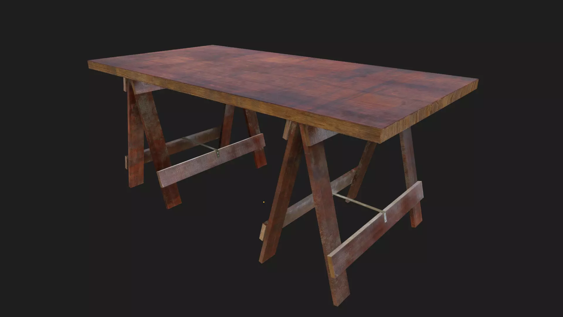 wood trestle table or desk with support legs like sawhorse Low-poly 3D model_4