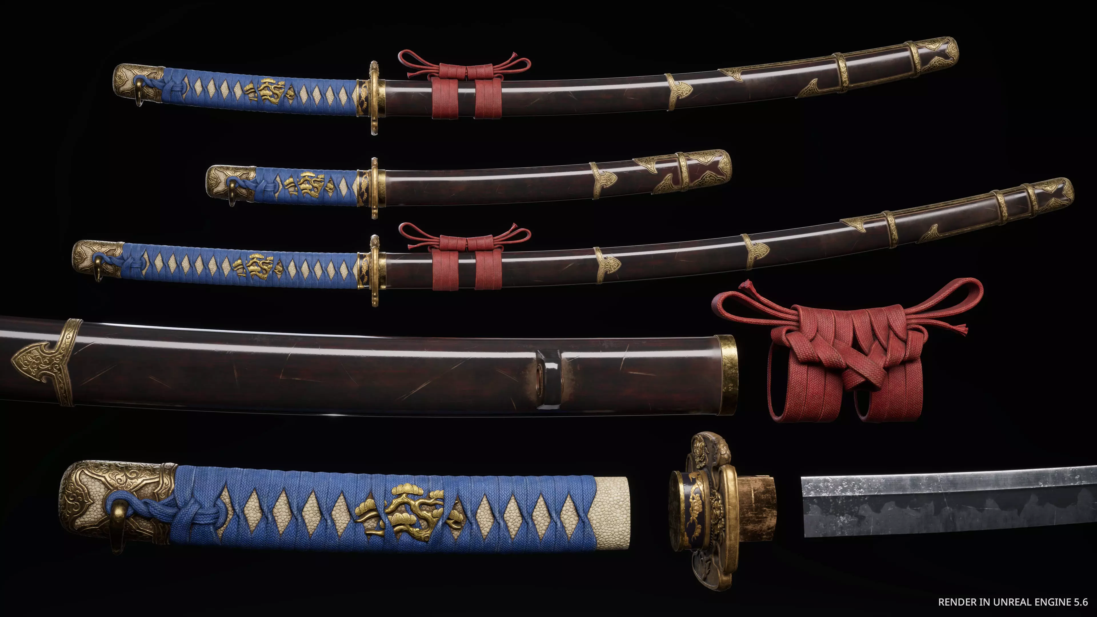 Katana Samurai Sword Blade Modular Pack Peony Flower Game-Ready Low-poly 3D model_4