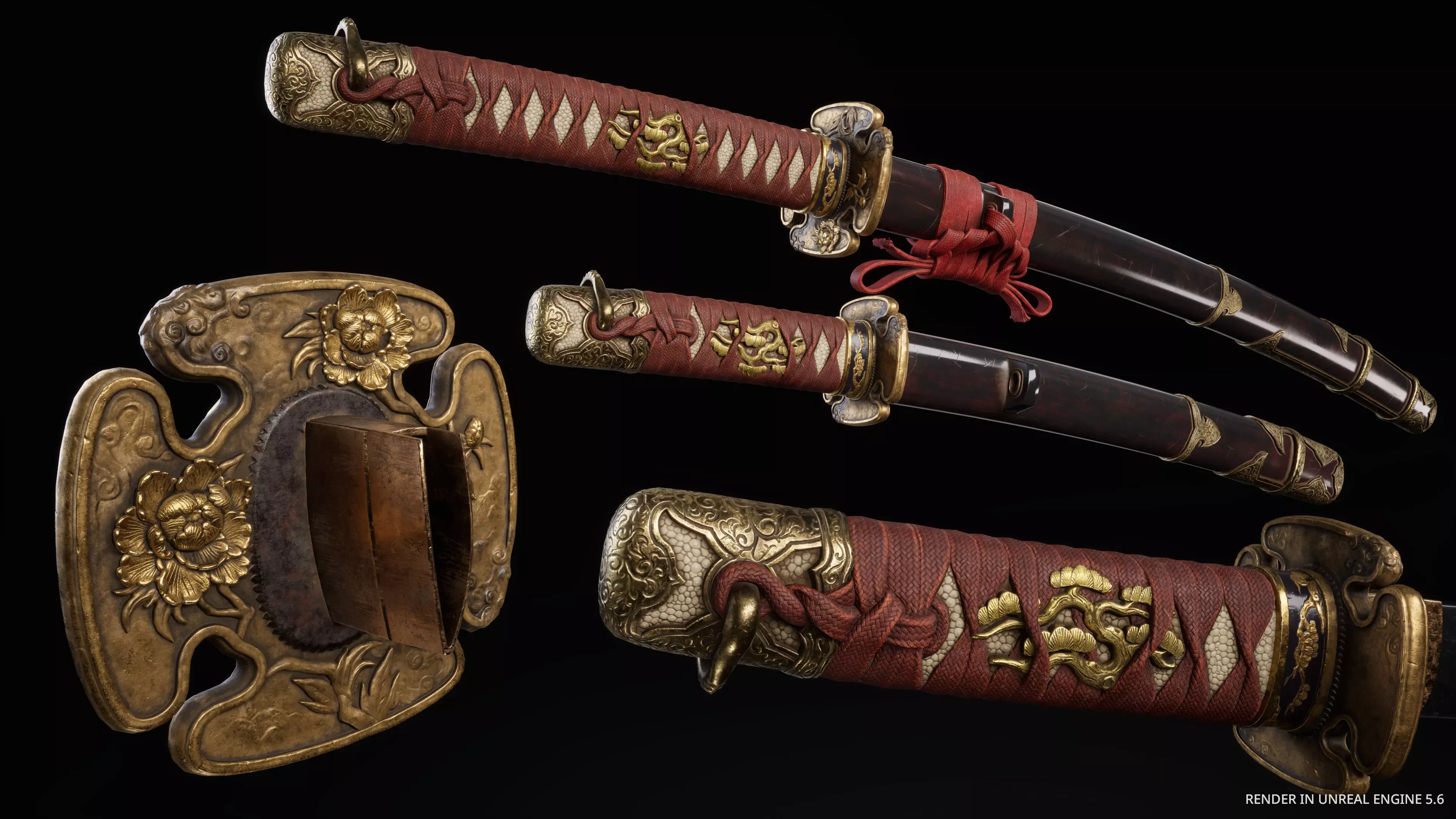 Katana Samurai Sword Blade Modular Pack Peony Flower Game-Ready Low-poly 3D model_2
