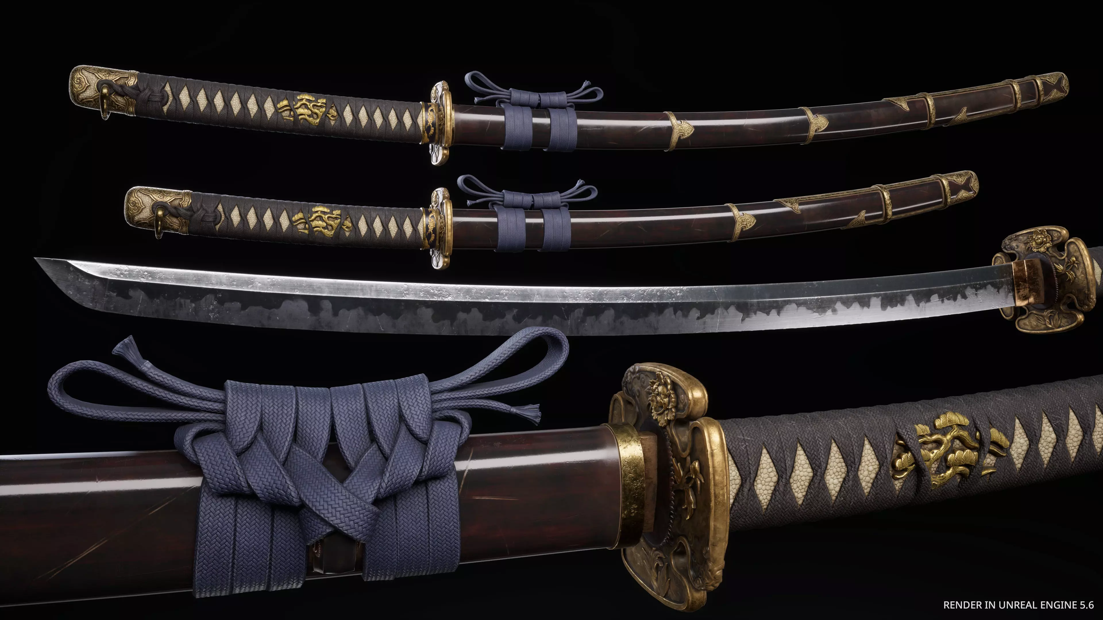 Katana Samurai Sword Blade Modular Pack Peony Flower Game-Ready Low-poly 3D model_3