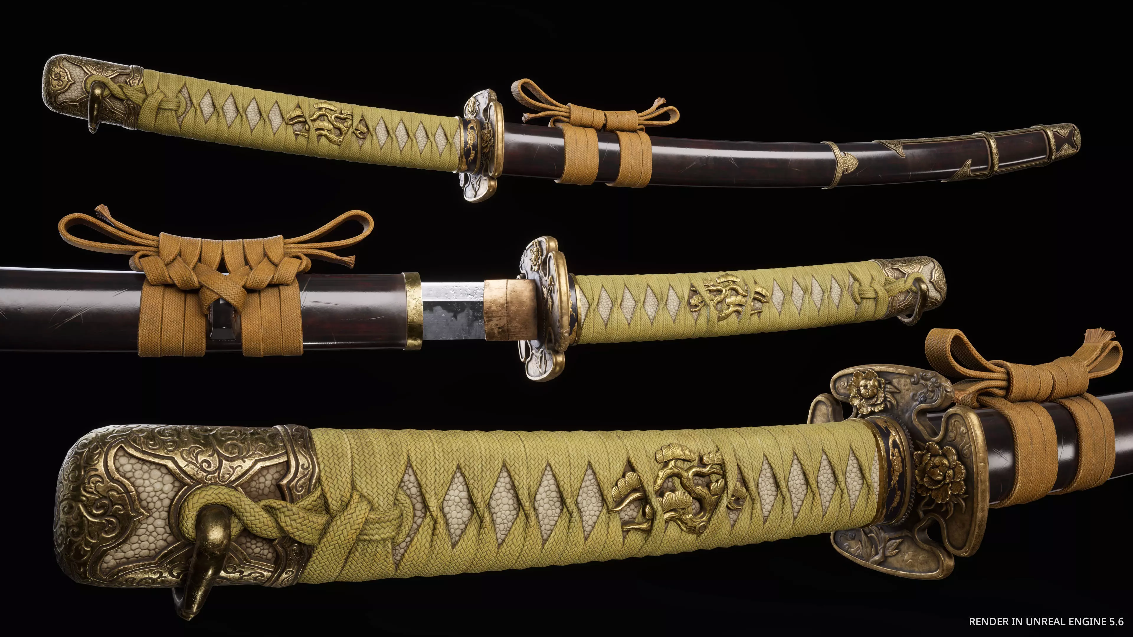 Katana Samurai Sword Blade Modular Pack Peony Flower Game-Ready Low-poly 3D model_1