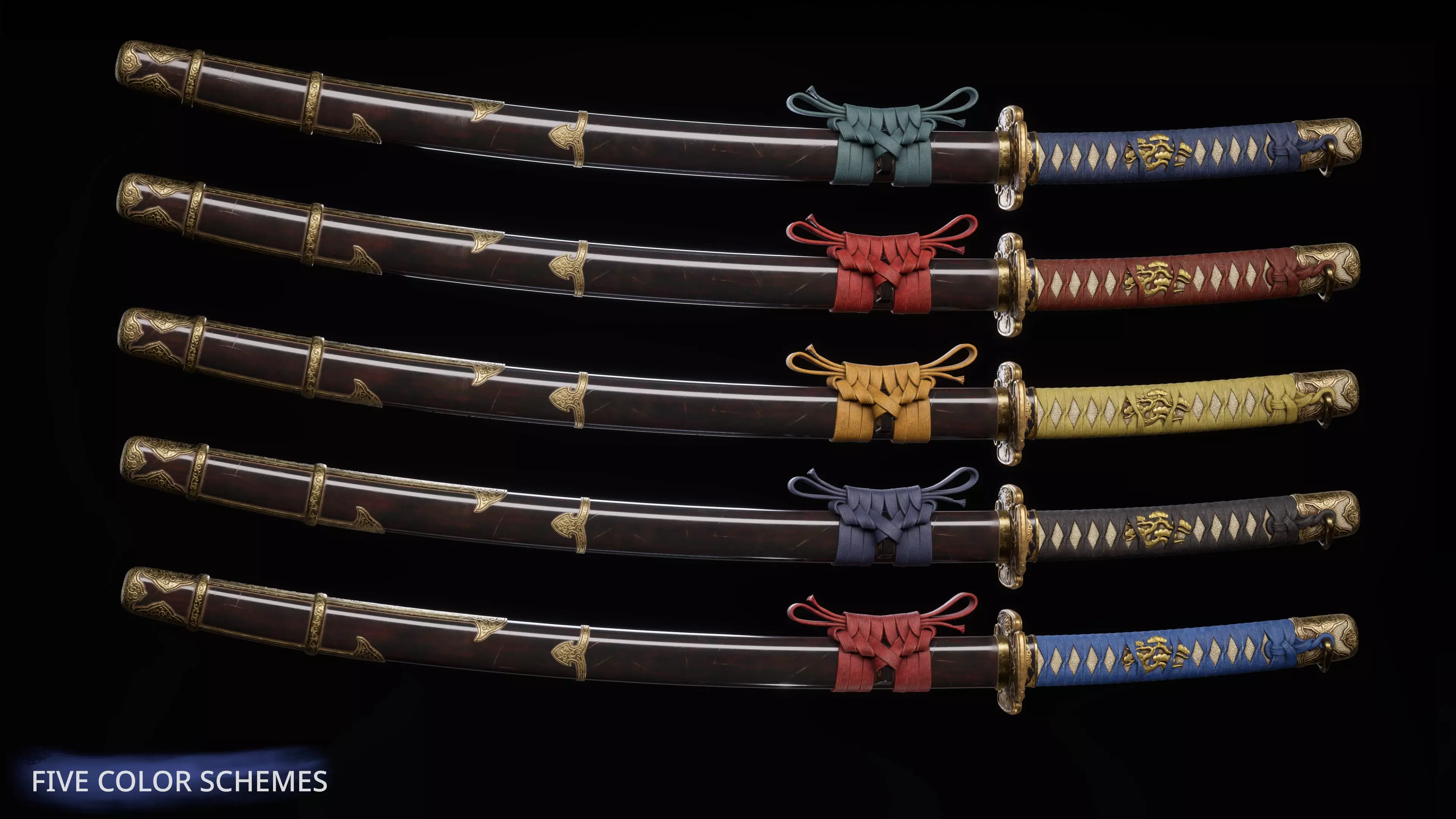 Katana Samurai Sword Blade Modular Pack Peony Flower Game-Ready Low-poly 3D model_8