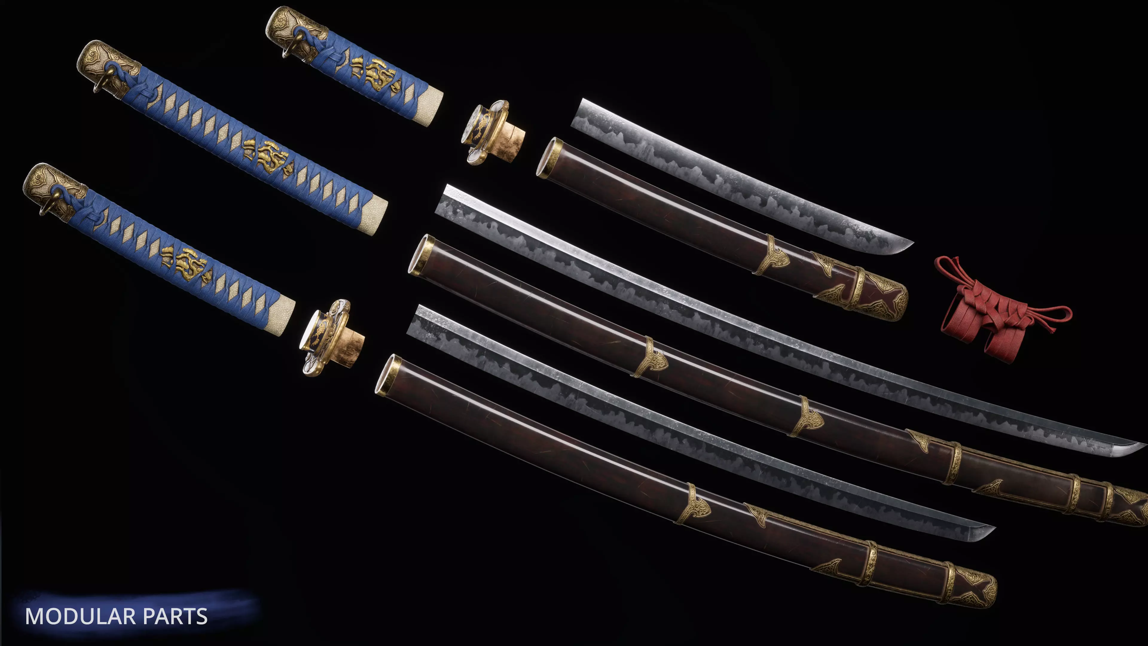 Katana Samurai Sword Blade Modular Pack Peony Flower Game-Ready Low-poly 3D model_6