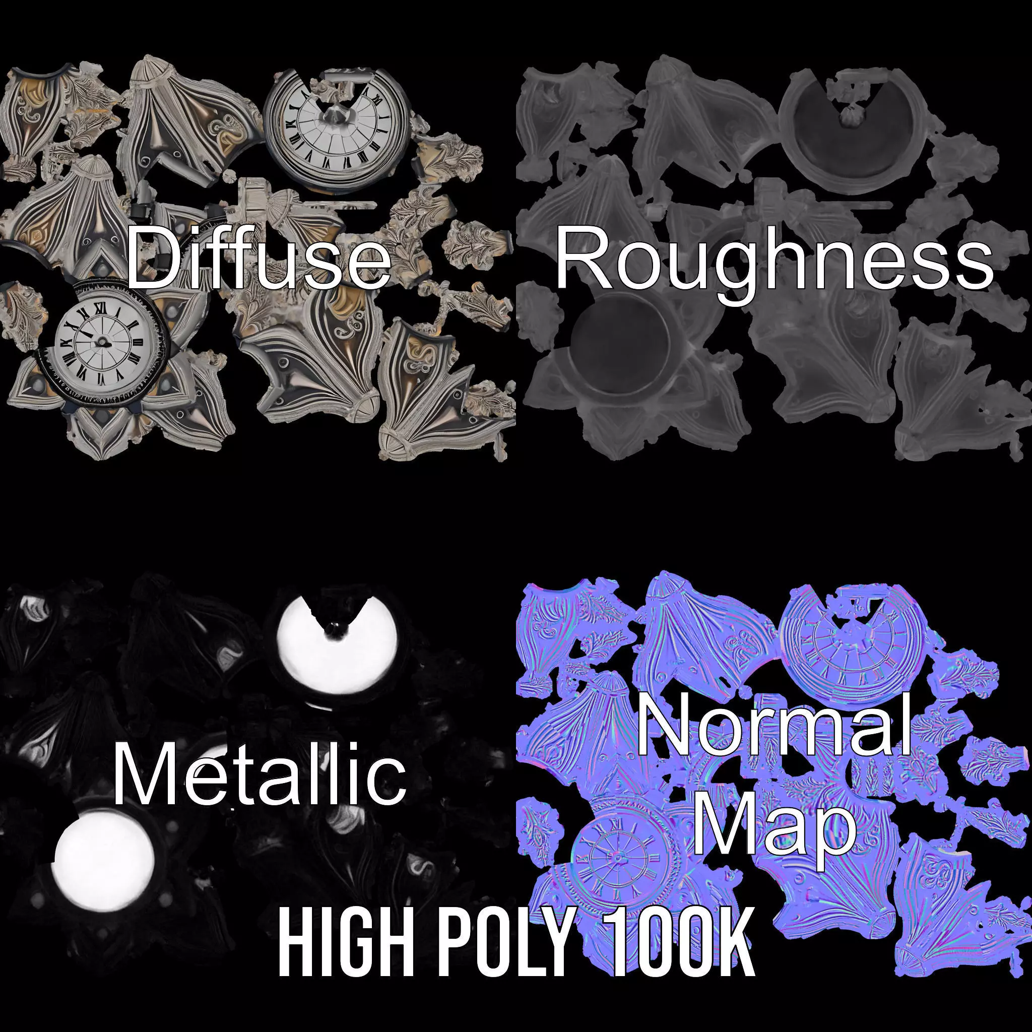 Ornate Brass Clock model pack Low-poly 3D model_4