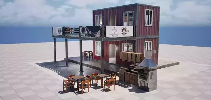 Containers Cafe with Interior  Low Poly PBR