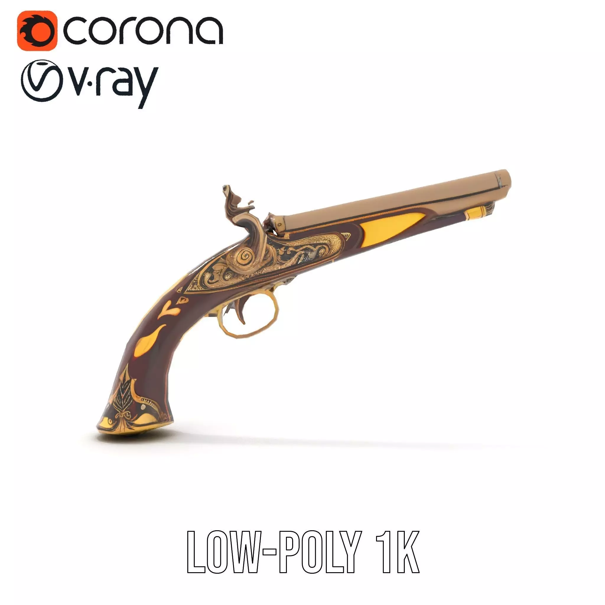 Ornate Flintlock Pistol model pack Low-poly 3D model_7