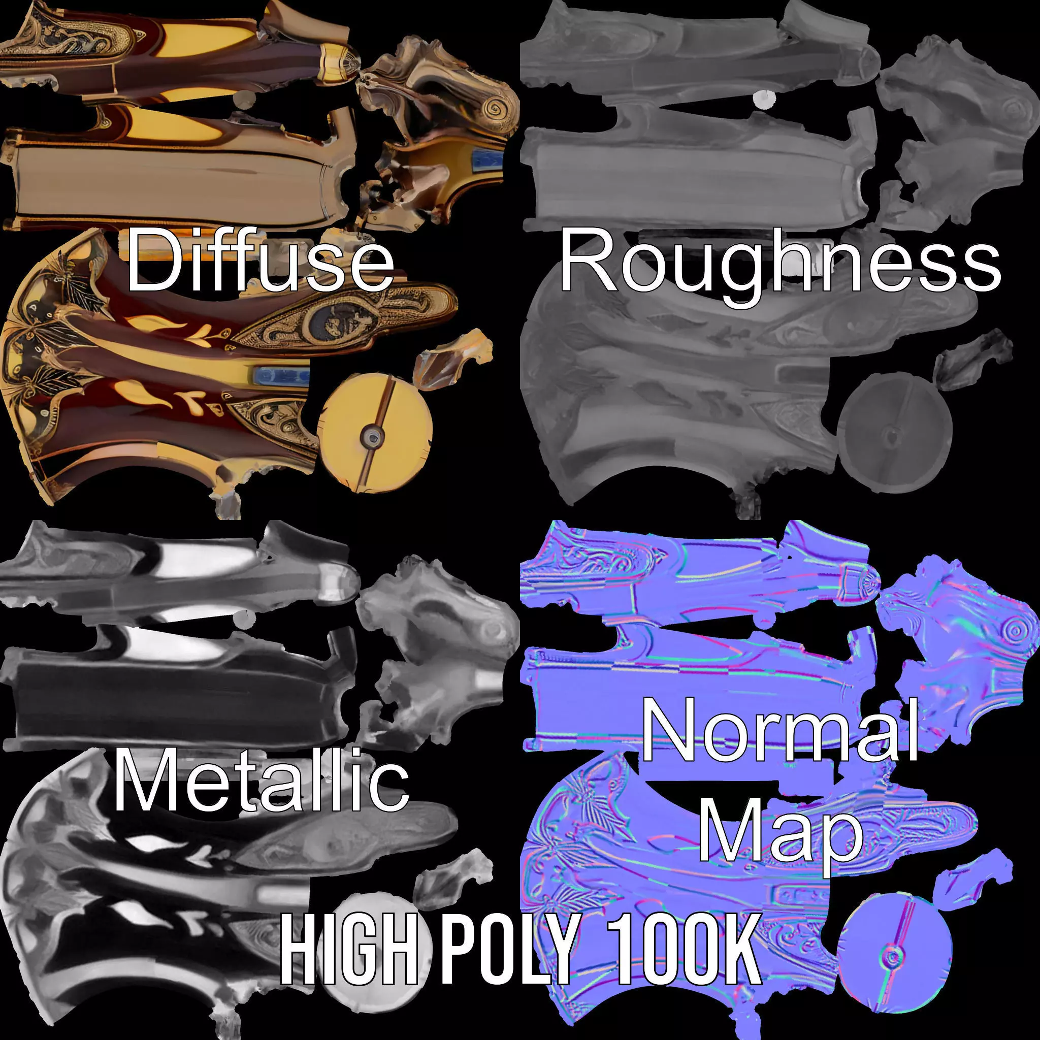 Ornate Flintlock Pistol model pack Low-poly 3D model_3