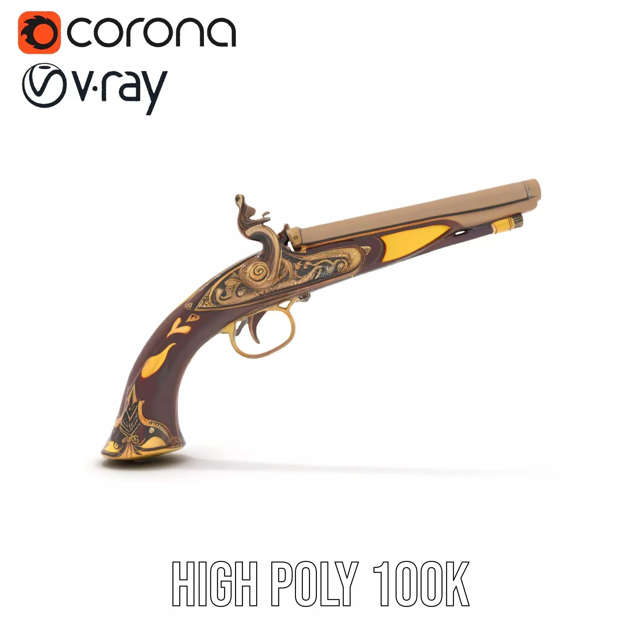 Ornate Flintlock Pistol model pack Low-poly 3D model_23