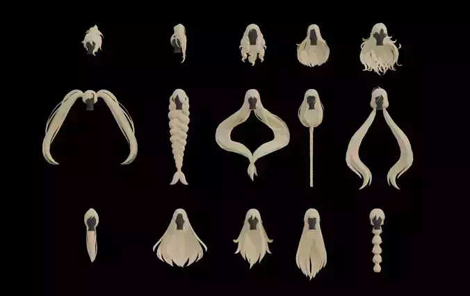 vol 1 15 female anime stylised long hair low poly 3d model 