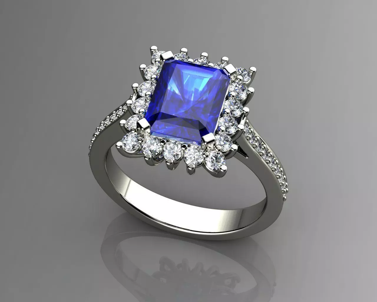 White Gold Emerald Cut Engagement Ring 3D print model