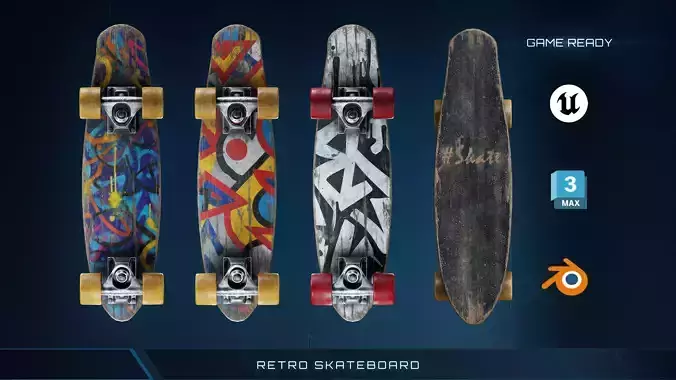 Retro Skateboard 3D Asset Realistic Game Ready PBR Textures