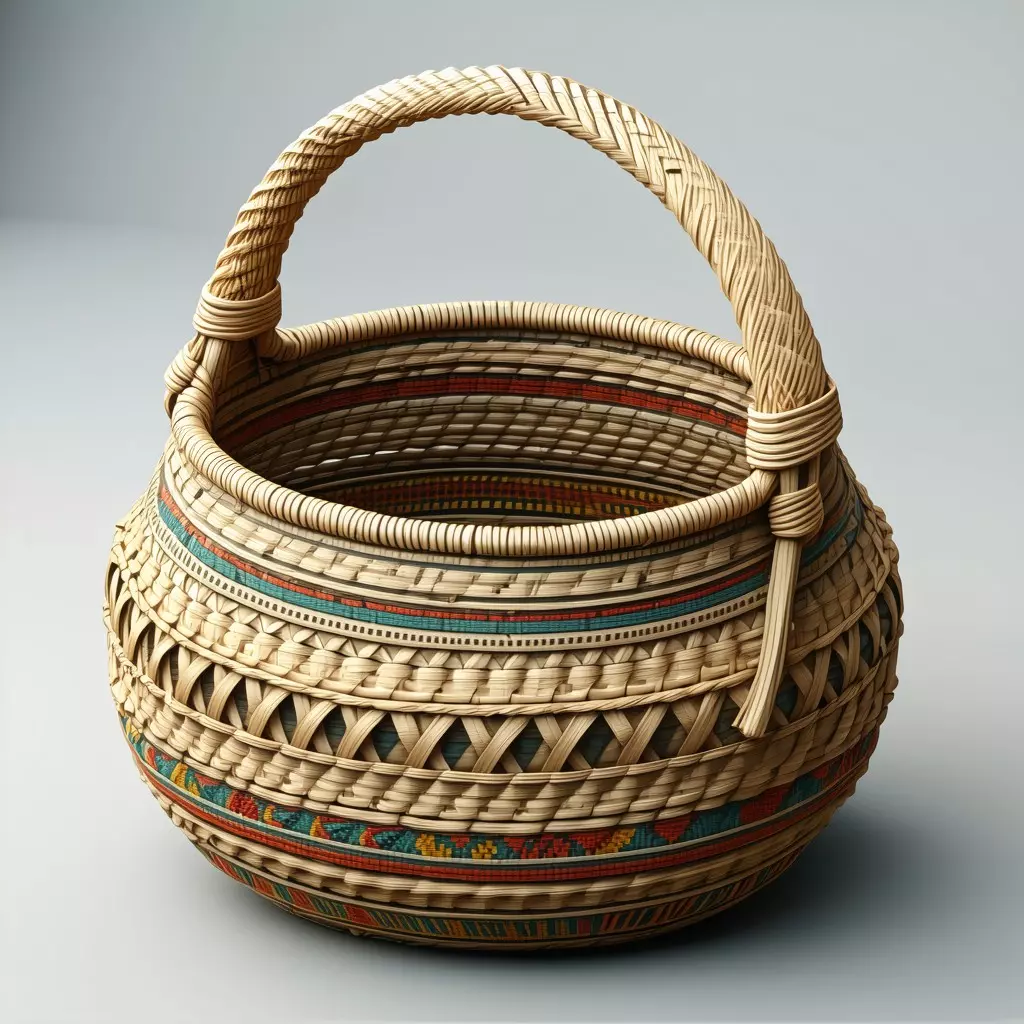Woven Basket with Handle and Decoration Low-poly 3D model_0