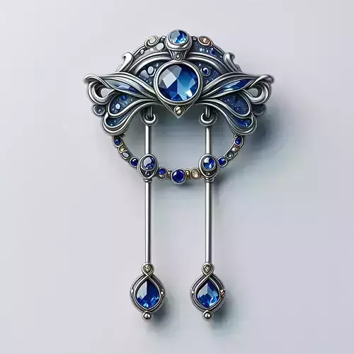 Ornate Silver Brooch with Blue Gems