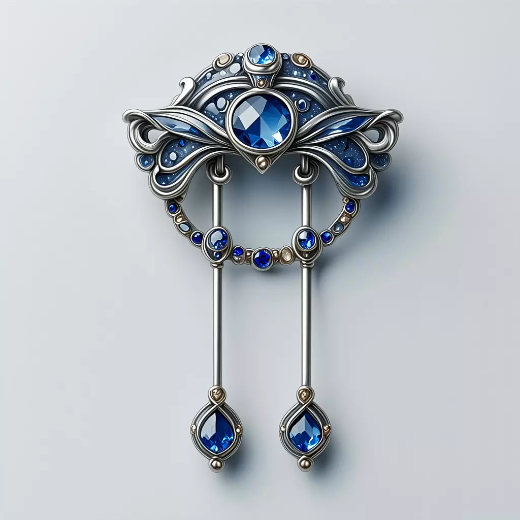 Ornate Silver Brooch with Blue Gems Low-poly 3D model_0