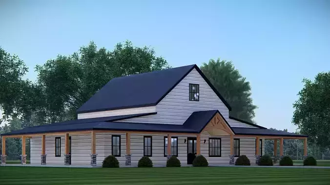 Modern Barndominium House 3D Model with Rustic Metal Siding 3D model