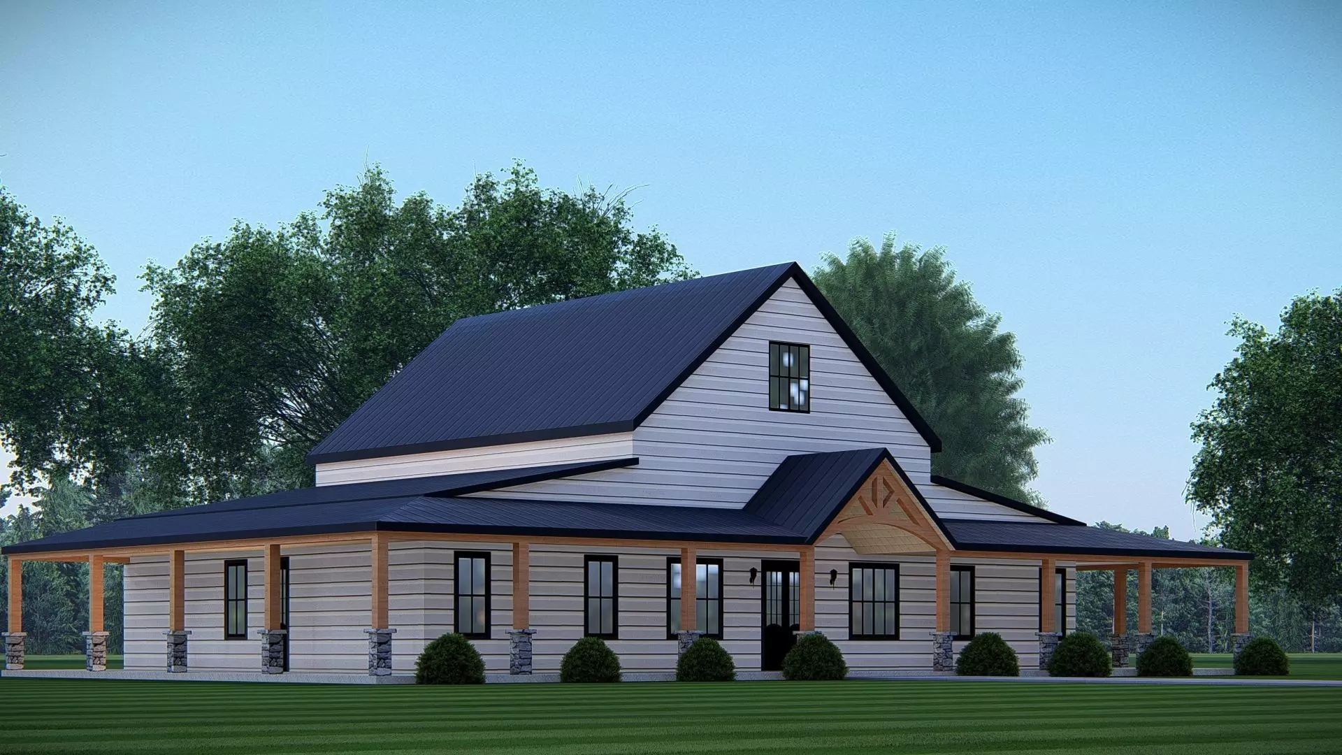 Modern Barndominium House 3D Model with Rustic Metal Siding 3D model_0