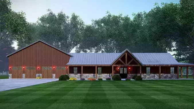 Wooden Barndominium House 3D Model  3D model