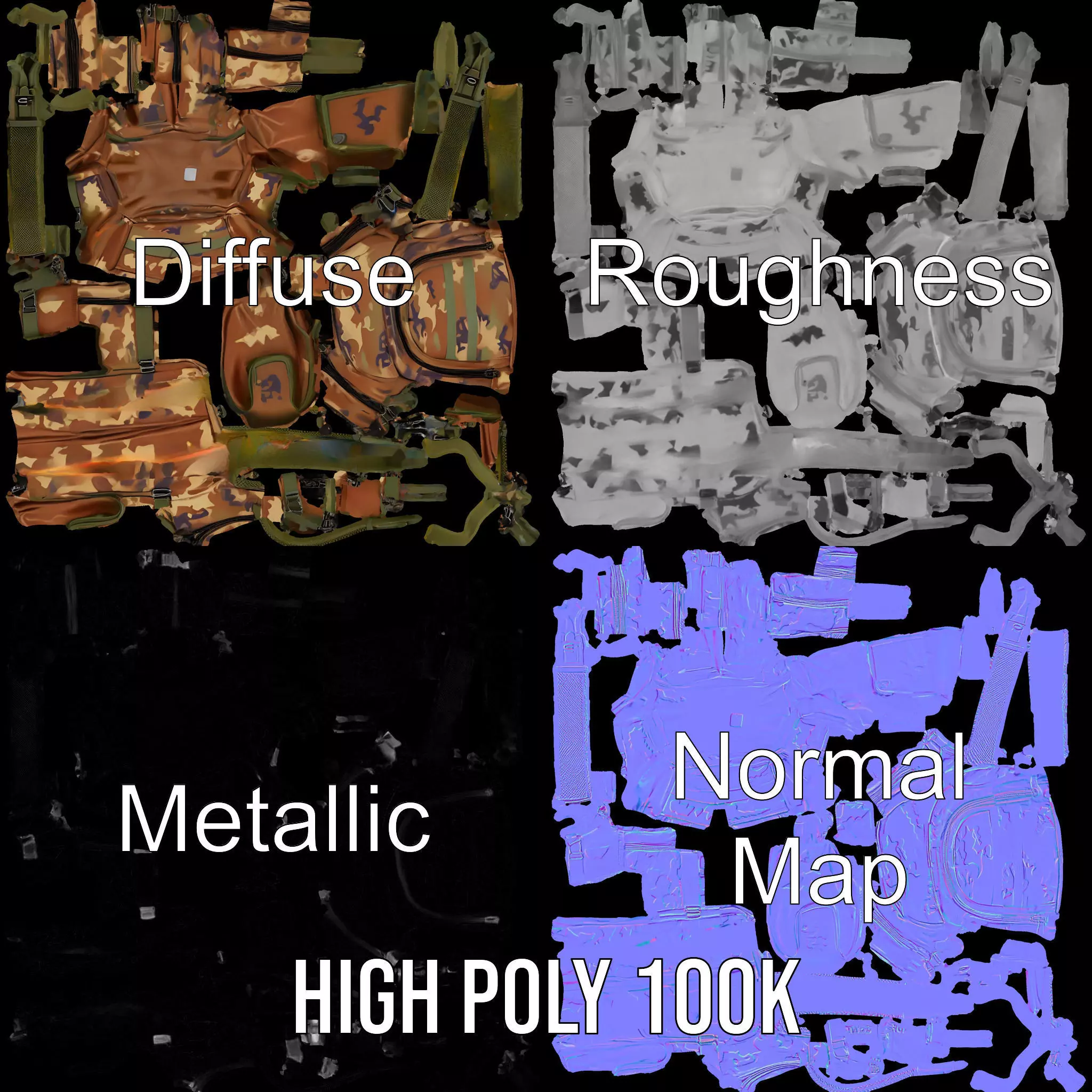 Camouflage Tactical Backpack model pack Low-poly 3D model_4