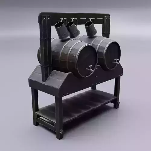 Medieval Wooden Stand with Barrels and Mugs