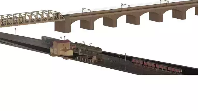 TRAIN DEPOT WITH BRIDGE AND TRAINS