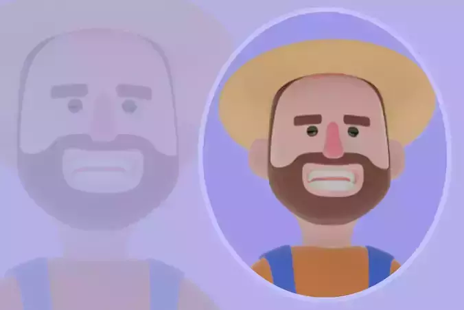 Stylized 3DCartoon Farmer Character-Sitting on Blue Check Circle