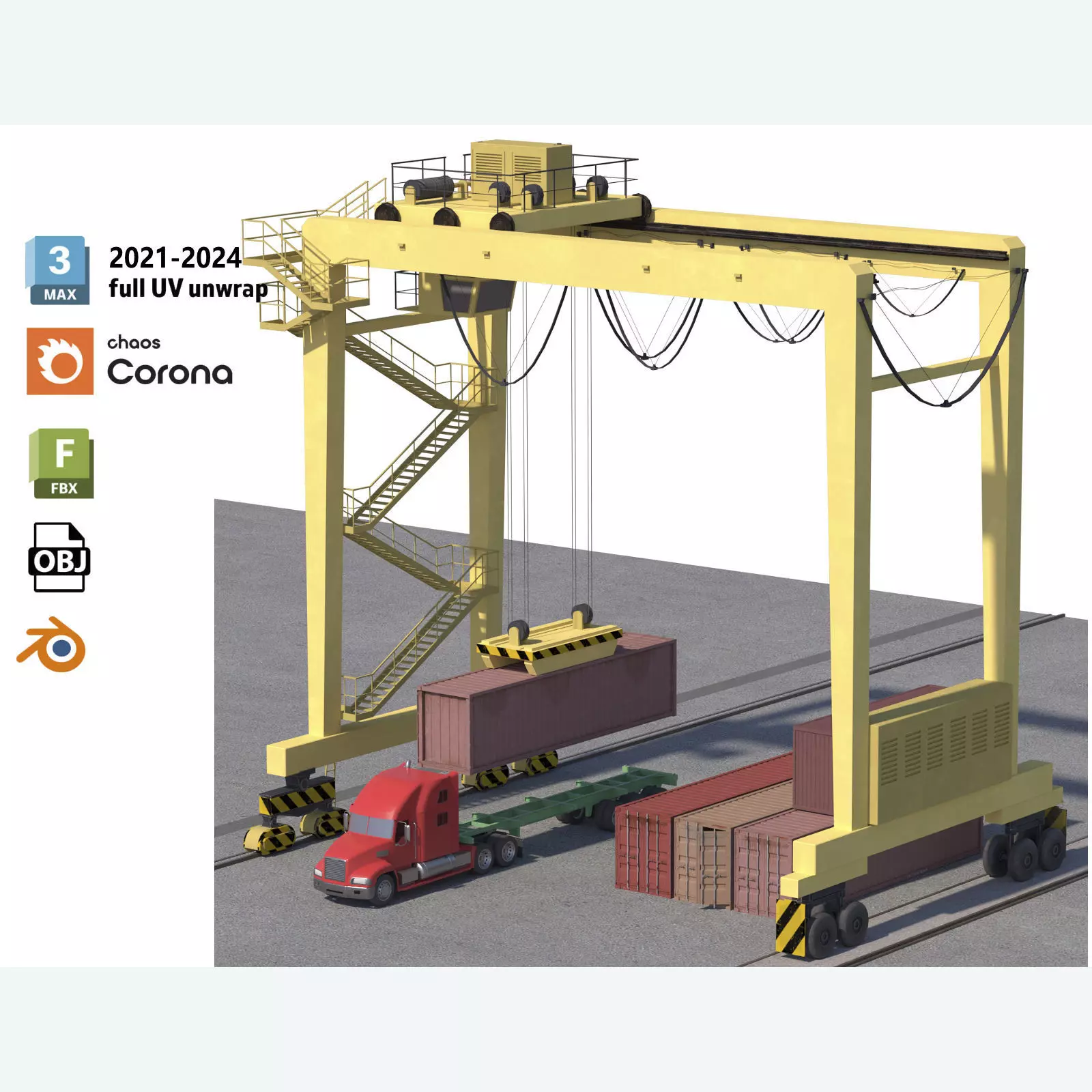 Location scene Crane load container to track Low-poly 3D model_0