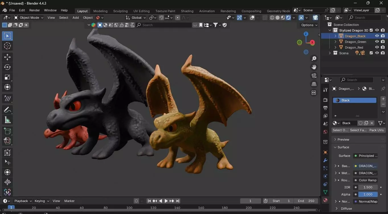 Stylized Dragon 3D Model Game Ready with 3 Texture Variations Low-poly 3D model_14