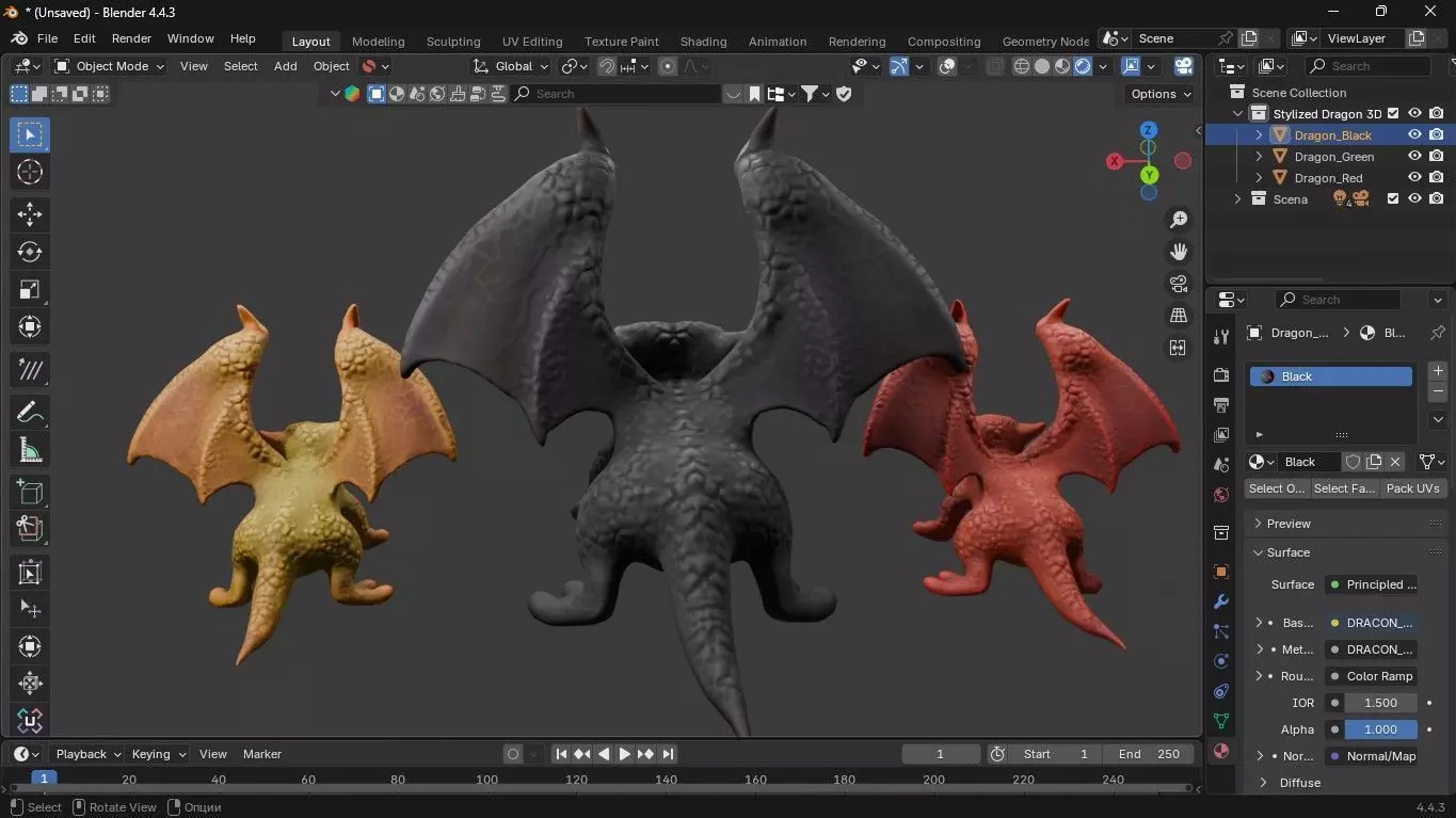 Stylized Dragon 3D Model Game Ready with 3 Texture Variations Low-poly 3D model_12