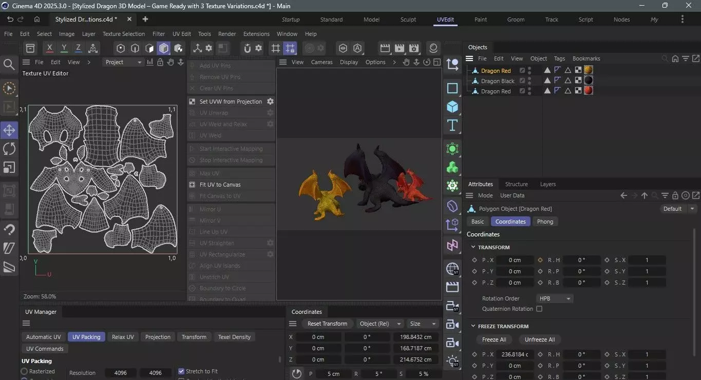 Stylized Dragon 3D Model Game Ready with 3 Texture Variations Low-poly 3D model_16