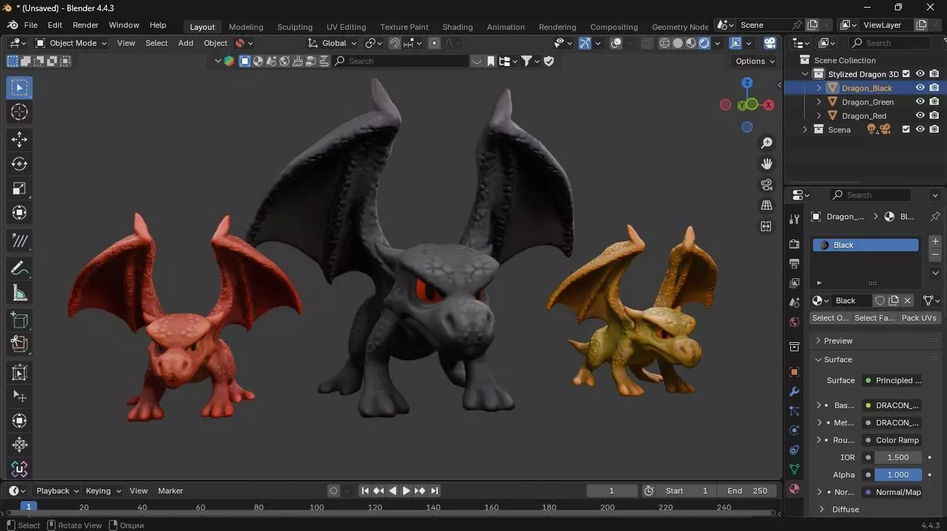 Stylized Dragon 3D Model Game Ready with 3 Texture Variations Low-poly 3D model_9