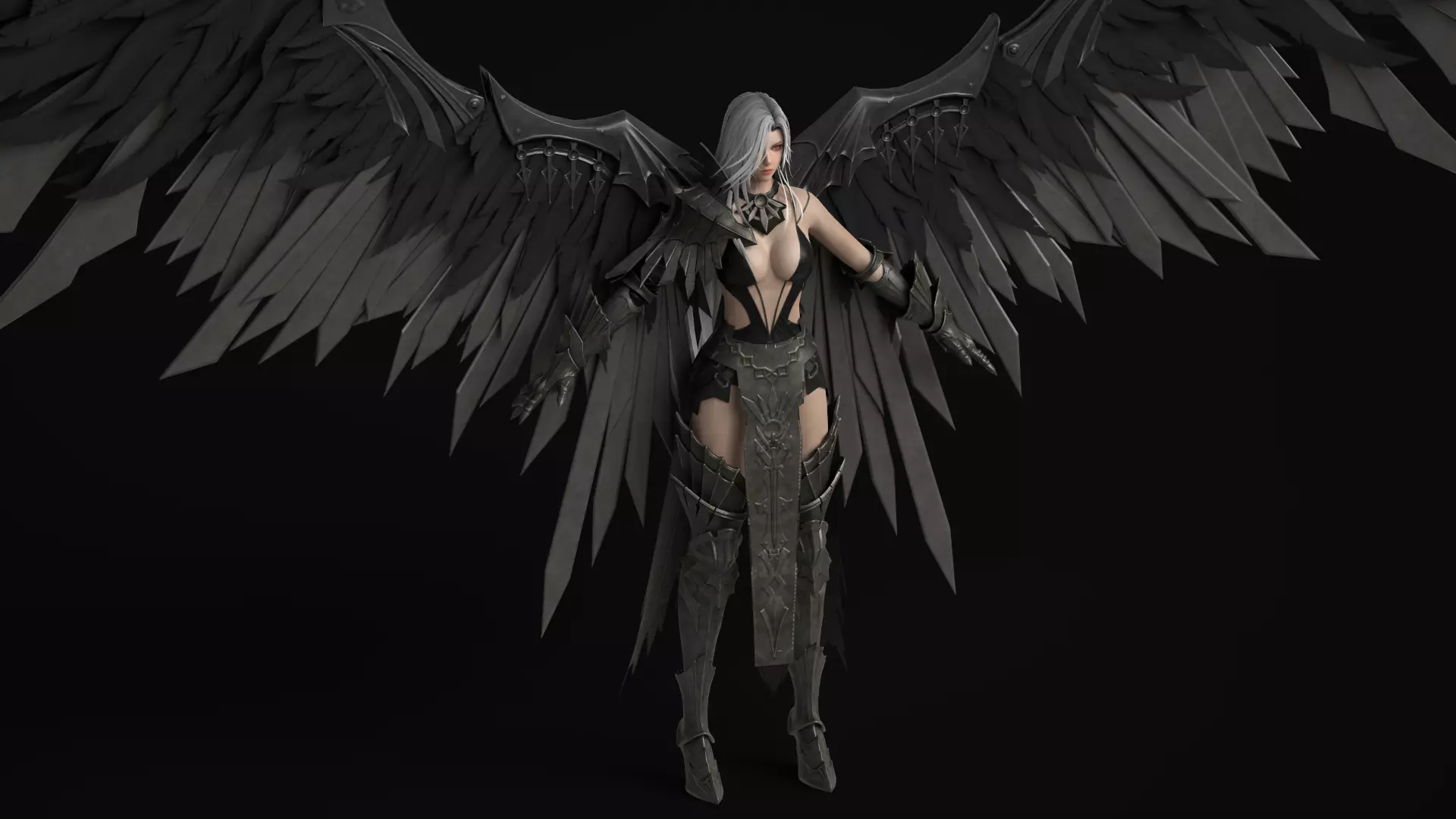 Dark Fallen Angel Rigged Fantasy Female Character Low-poly 3D model_4