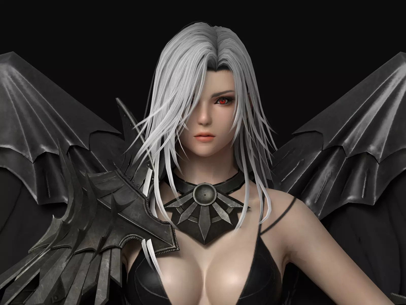 Dark Fallen Angel Rigged Fantasy Female Character Low-poly 3D model_0