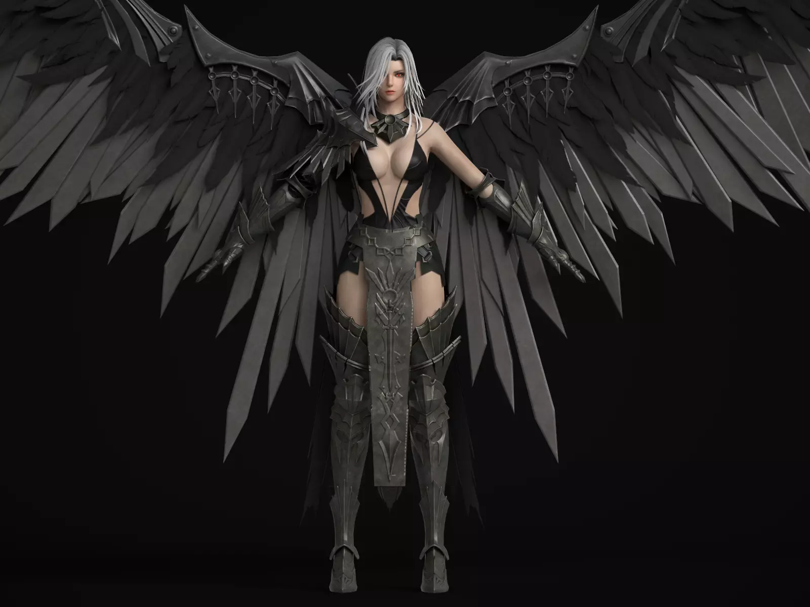 Dark Fallen Angel Rigged Fantasy Female Character Low-poly 3D model_3