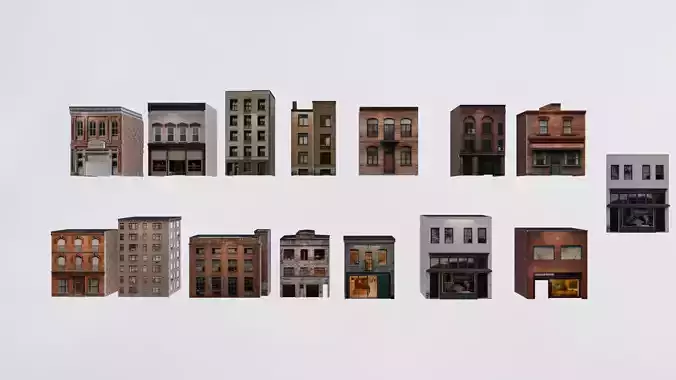 14 Low Poly Downtown Buildings