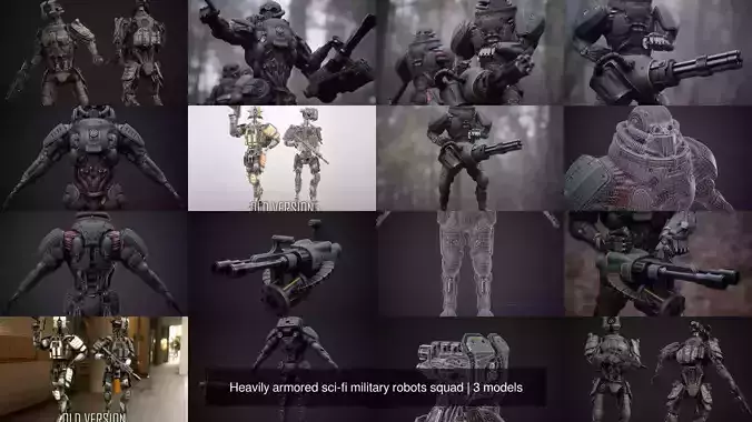 Heavily armored sci-fi military robots squad