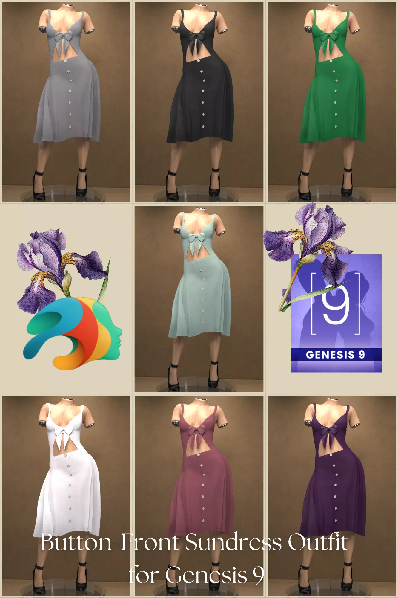 Button-Front Sundress Outfit for Genesis 9 3D model