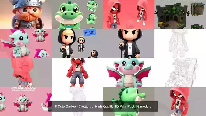 6 Cute Cartoon Creatures  High-Quality 3D Print Pack 3D Model Collection