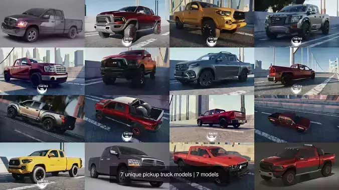 7 unique pickup truck models 3D Model Collection