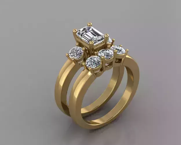 BS12 Bridal Set Emerald Three Stone Wedding Ring