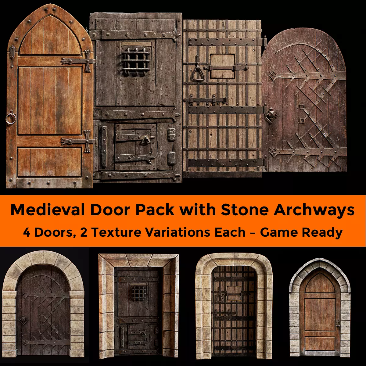 Medieval Door Pack 4 Doors With Bonus Archways Game Ready Low-poly 3D model_0