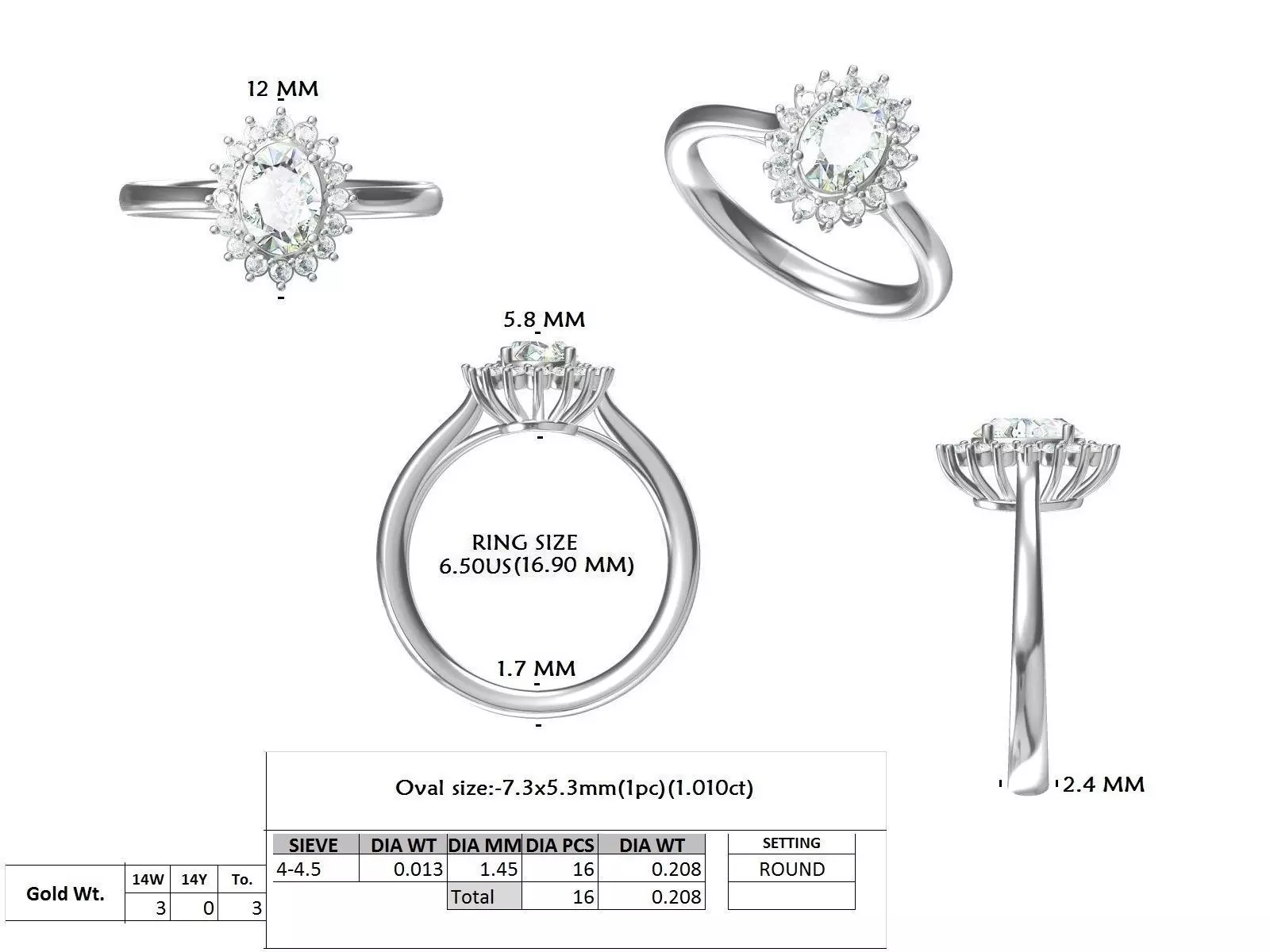 1CT Oval Cut Halo Diamond Engagement Wedding Ring 3DM STL Video 3D print model_15