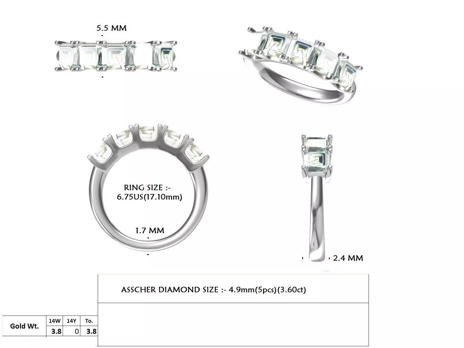 Five Stone Asscher Cut Engagement Wedding Band 3DM STL Video 3D print model_15