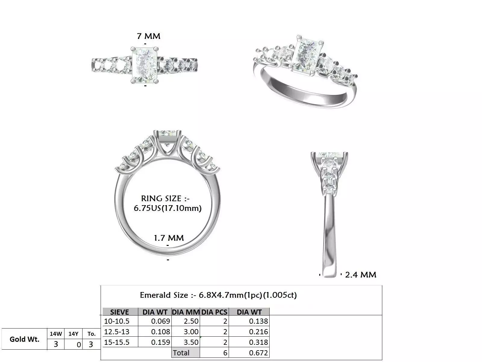 Seven Stone Emerald Cut Engagement Wedding Ring 3DM STL Video 3D print model_15